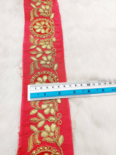 Red Art Silk Fabric Trim With Gold Zari Gota Patti Embroidery, Floral Embroider Trimming, Trim By The Yard